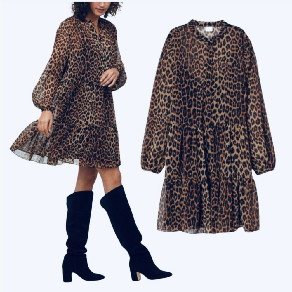 H&M Flowy Chiffon Leopard Print Long Sleeve Dress